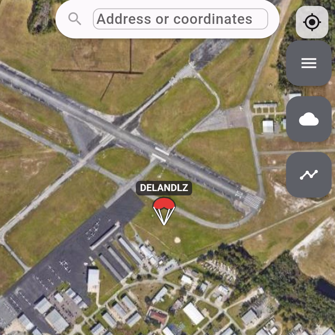 Deep and Steep app showing a landing zone marker on the map at DeLand