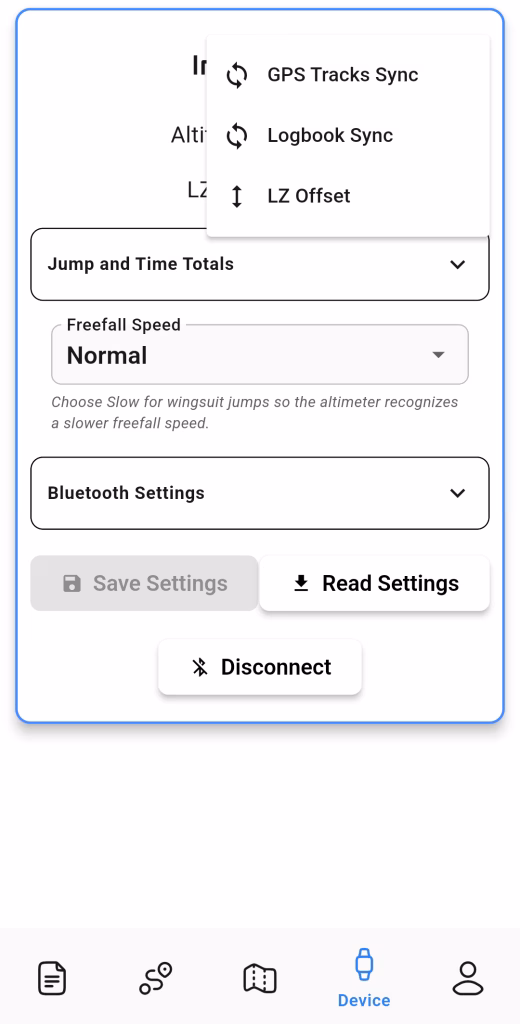 Device tab with an altimeter connected and the 3-bar menu open, listing GPS Tracks Sync, Logbook Sync and LZ Offset