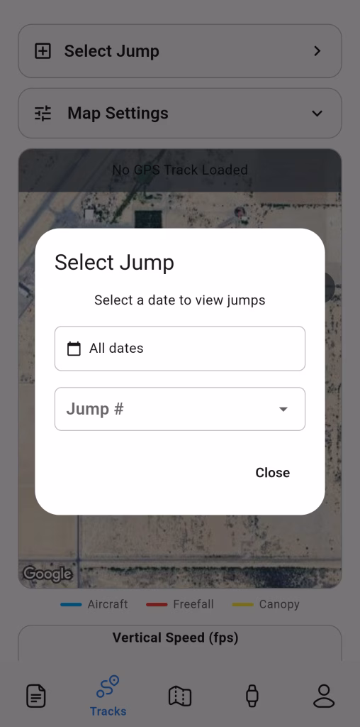 Tracks tab with the Select Jump dialog open, showing a date filter set to All dates and a Jump # list